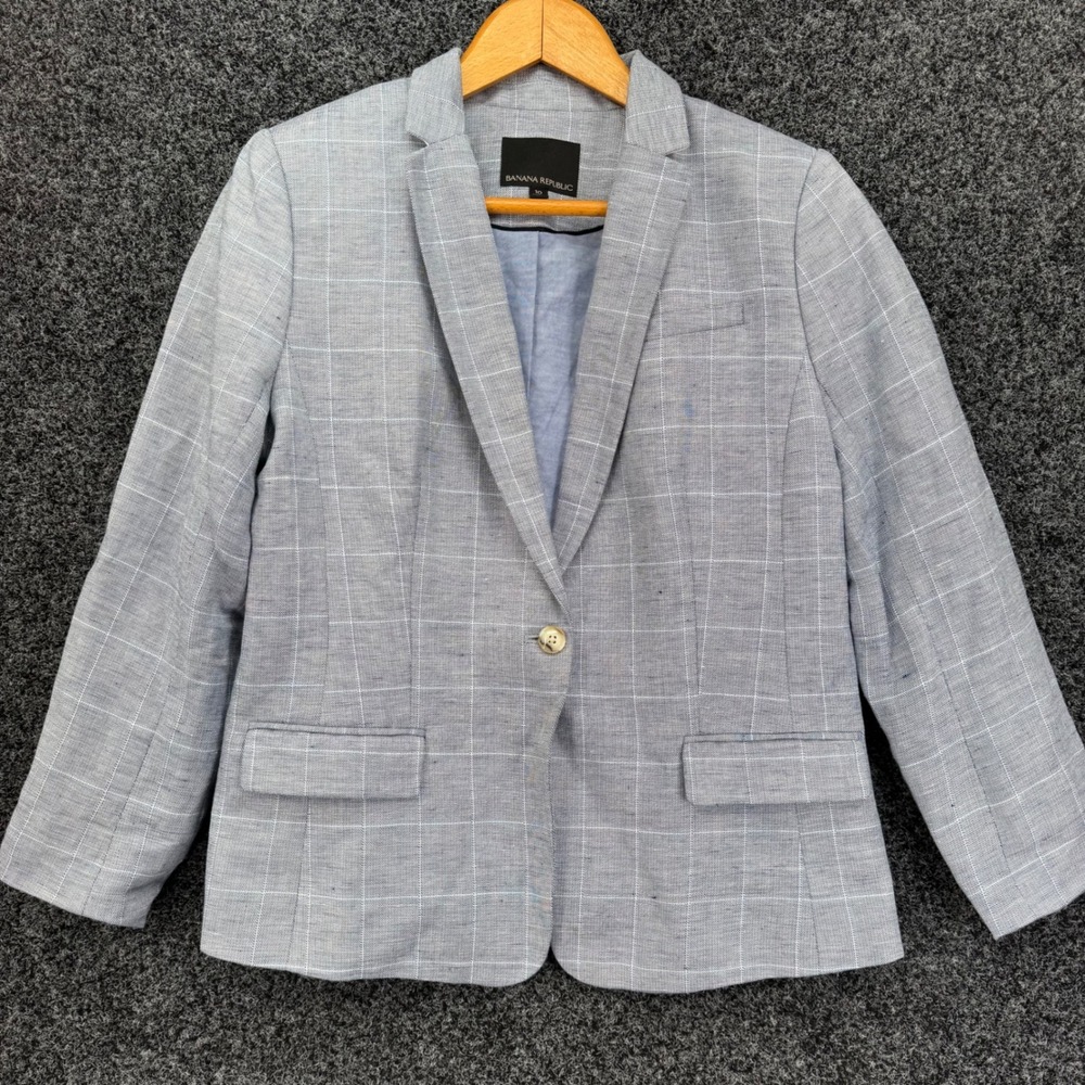 Banana Republic Womens Blue Windowpane Plaid Single Button Blazer Jacket Size 10
